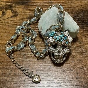 Betsey Johnson Gold Skull Necklace with Blue and White Details